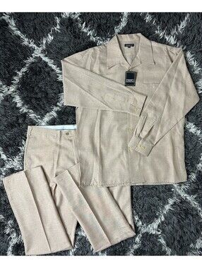 NWT Pronti Walking Suit Mens XL Shirt 40/34 Pants 2 Pc Set Beige Tan Casual